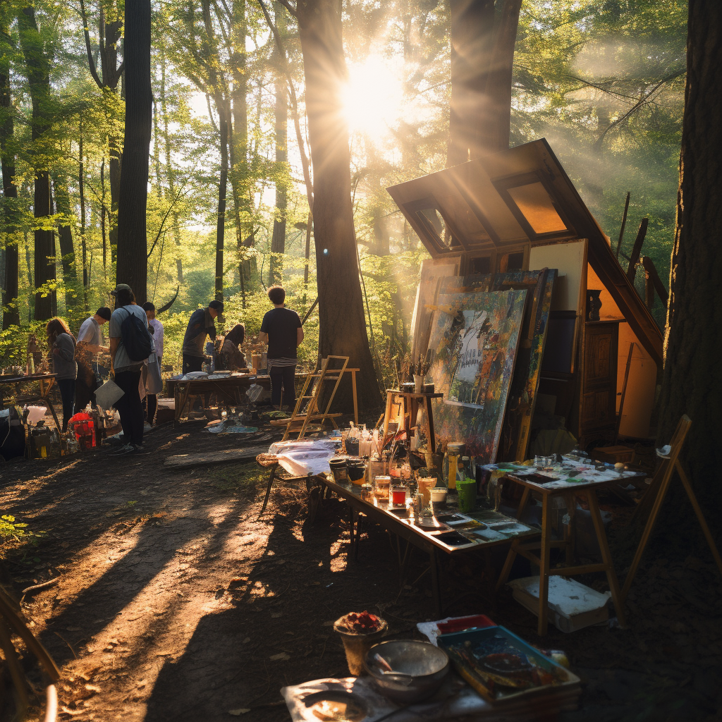 Group of artists creating art in peaceful woods