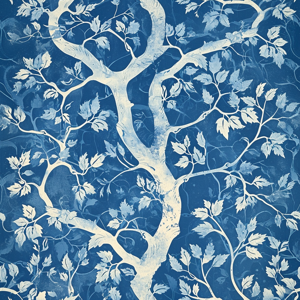 Pattern Tree Motif Cyanotype Aged