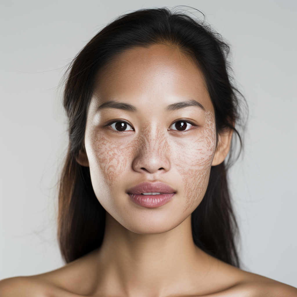 Asian woman with melasma on white background