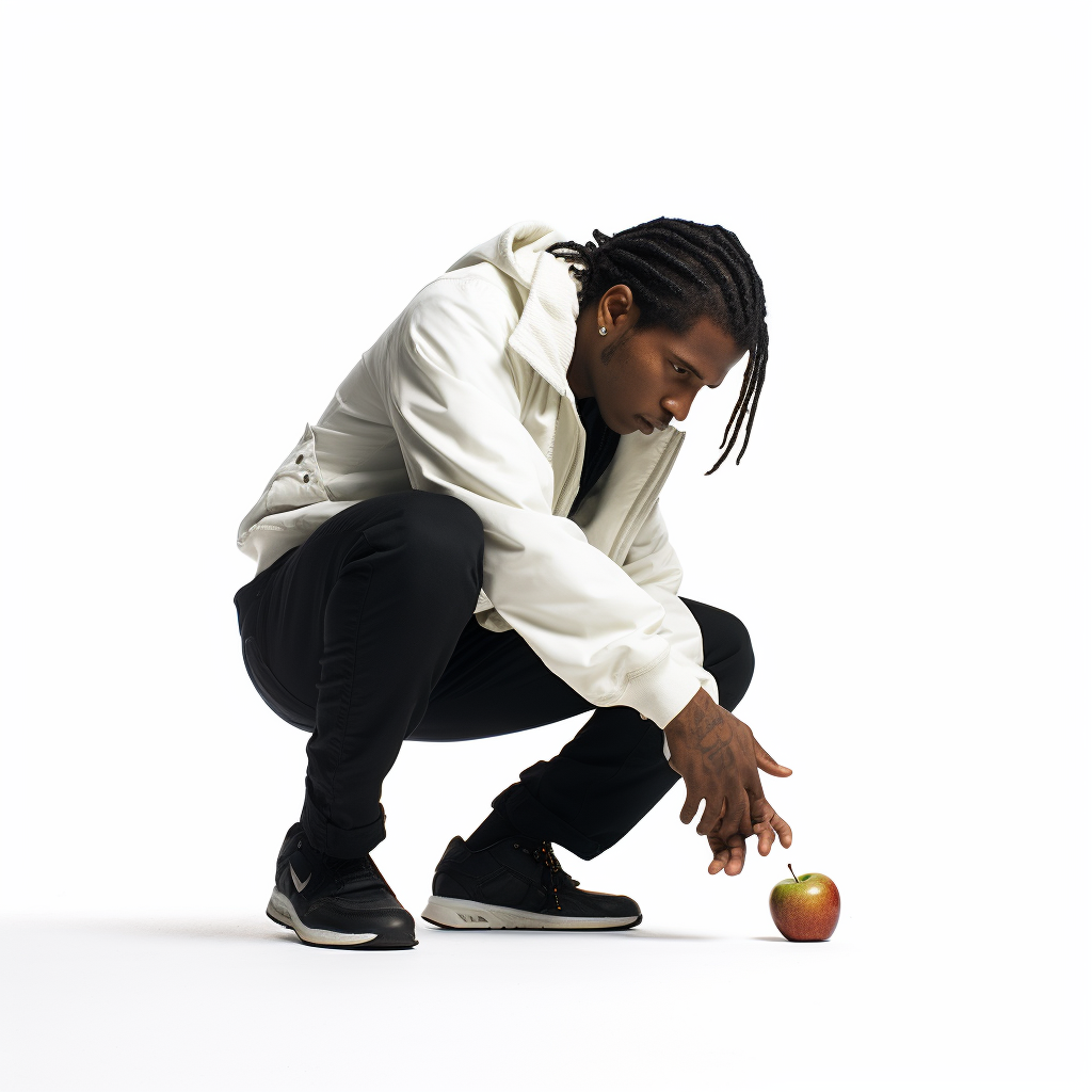 ASAP Rocky drops an apple on white background