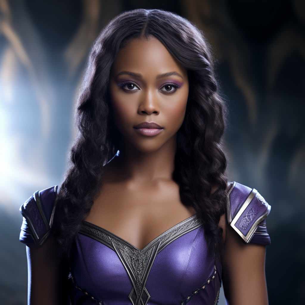 Asgardian goddess Nicole Beharie in purple attire