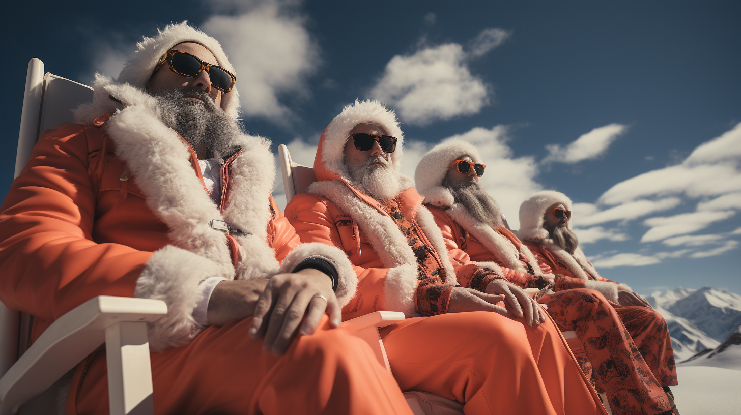 Christmas characters in vibrant attire against a symmetrical backdrop