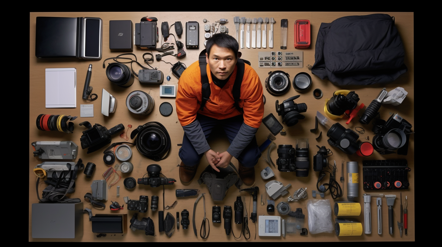 Asian agency worker using laptop and cameras