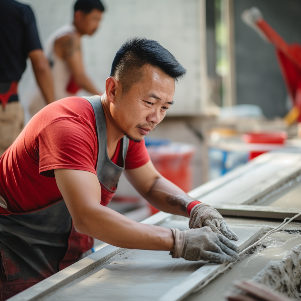 Asian builder installing tile with passion