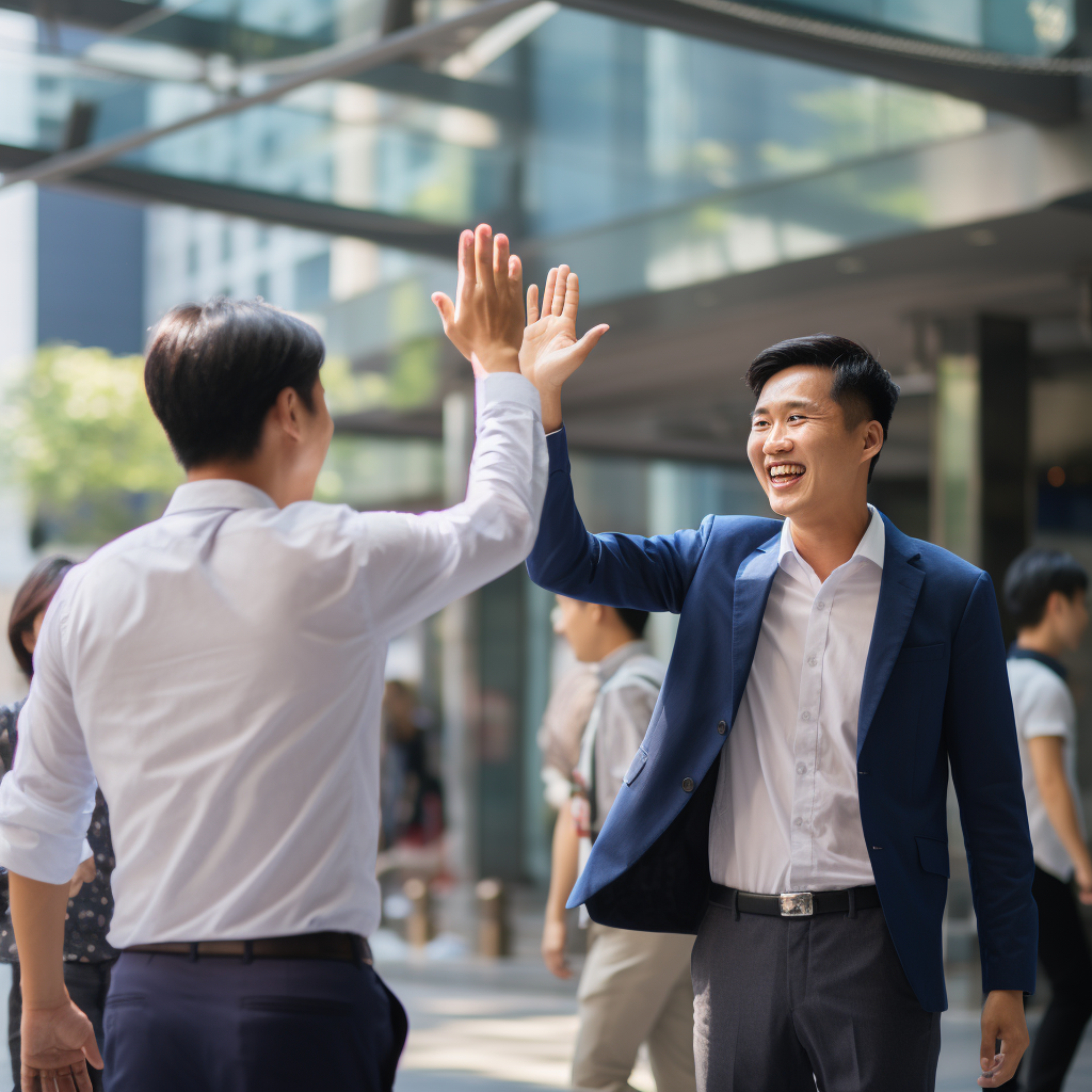 Two successful businessmen high-fiving in blue shirts.