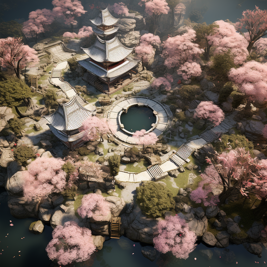 Top view of an Asian cherry blossom garden