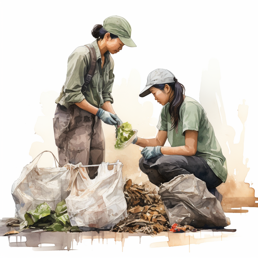 Two young Asian cleaning ladies packing debris bags