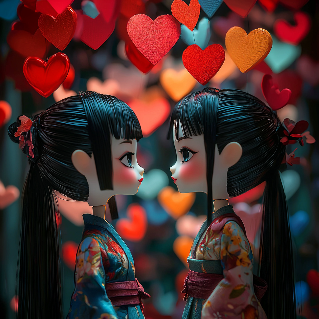 asian dolls holding hands with colorful hearts flying around