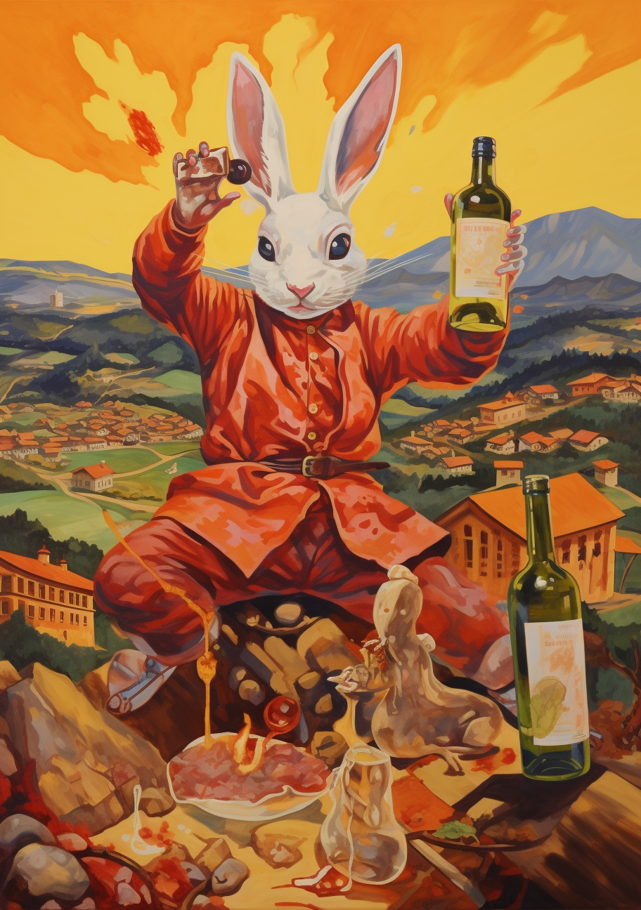 Anthropomorphic rabbit asian drunken master in Chinese landscape