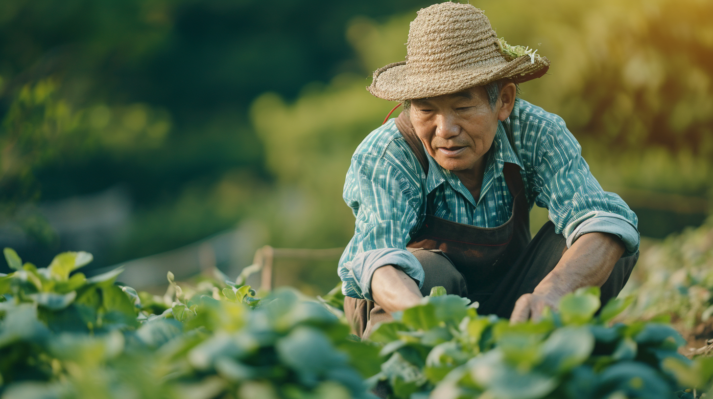 Asian farmer picking shiso leaves for gourmet cooking