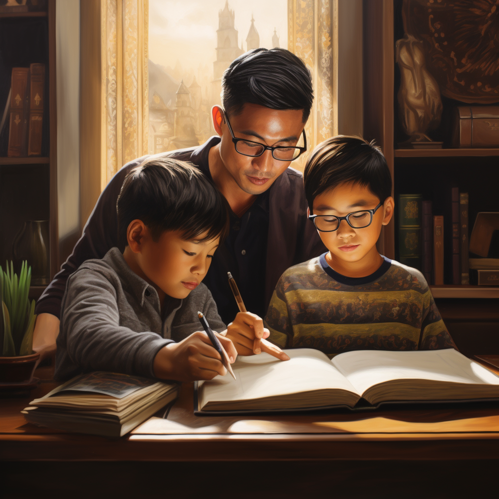 Asian father teaches son, both wearing glasses.