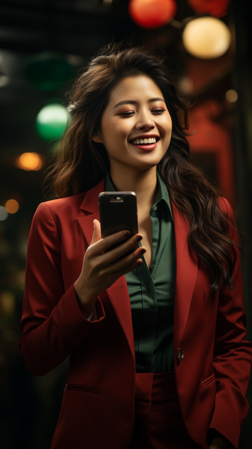 Asian female boss celebrates phone screen