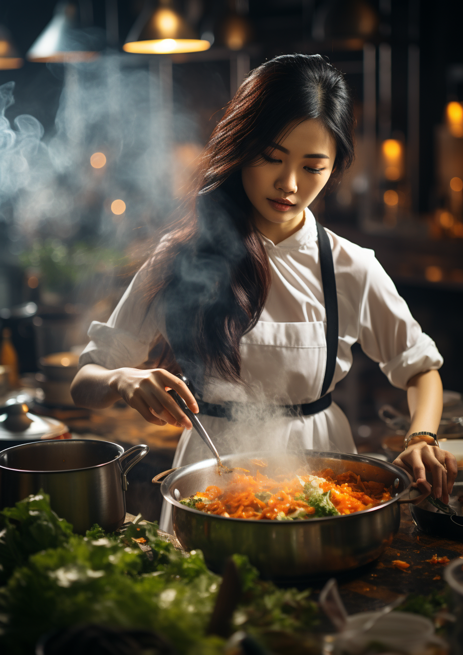 Asian female chef cooking beef soup