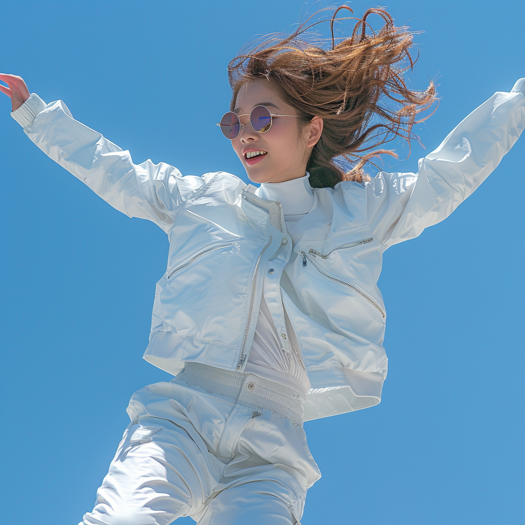 Asian female fashion model jumping white jacket