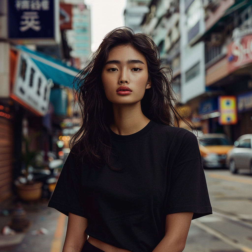 Asian female model black t-shirt