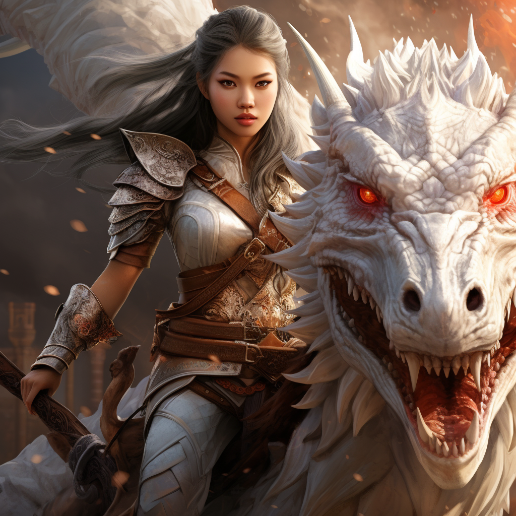 Asian female warrior riding medieval dragon