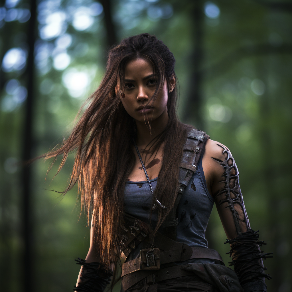 Asian female zombie hunter in the woods