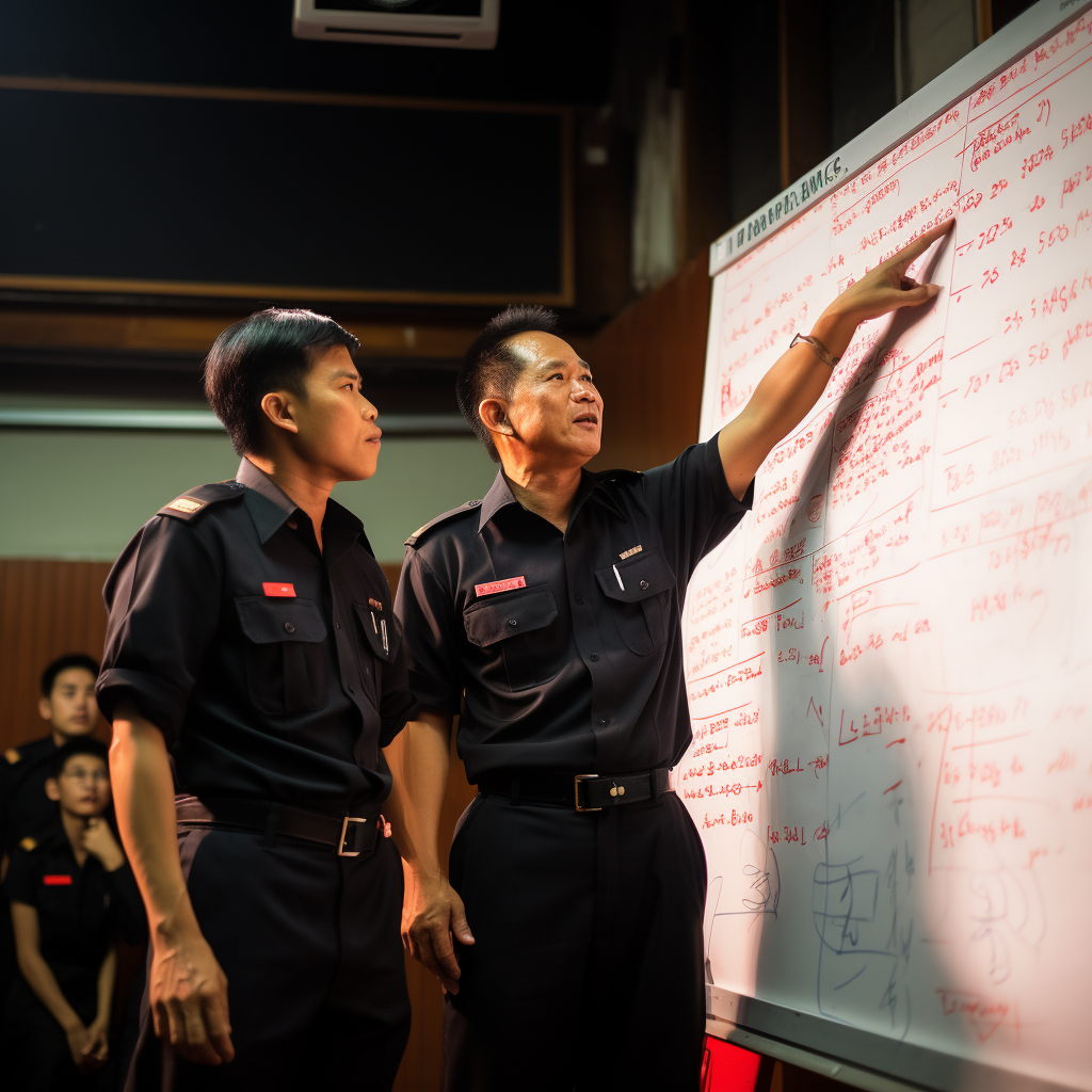 Asian fire officers teaching fire prevention