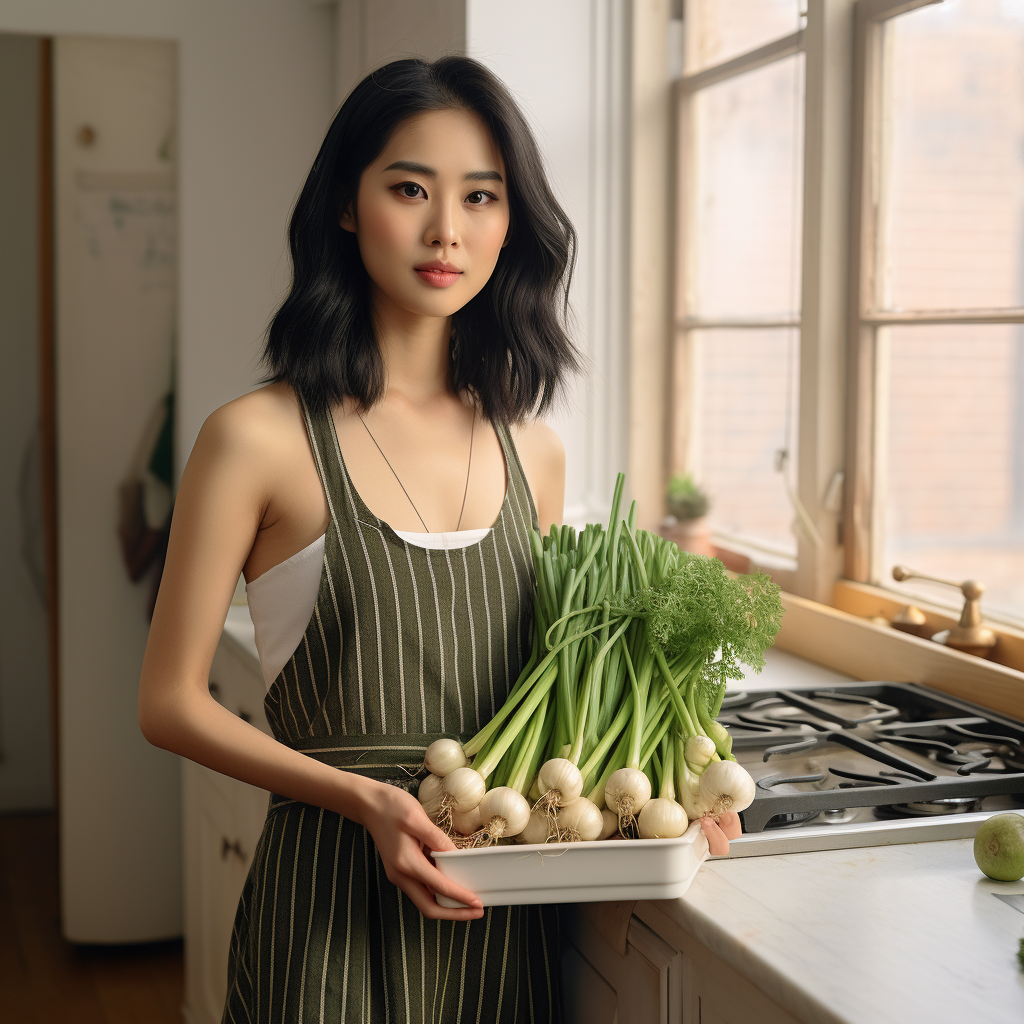 Asian food influencer holding spring onions