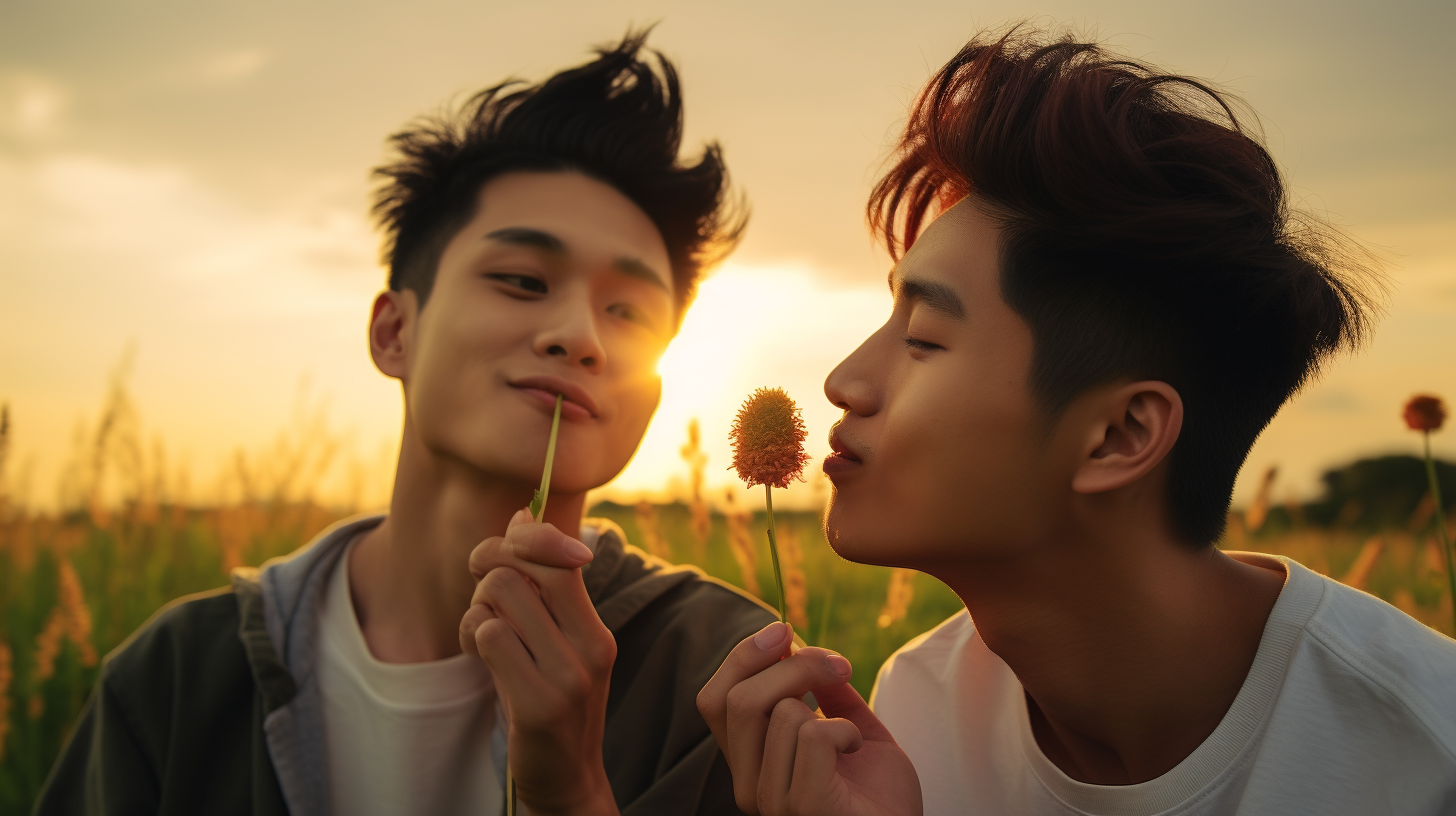 Asian gay couple enjoying lollipop in sunset grass