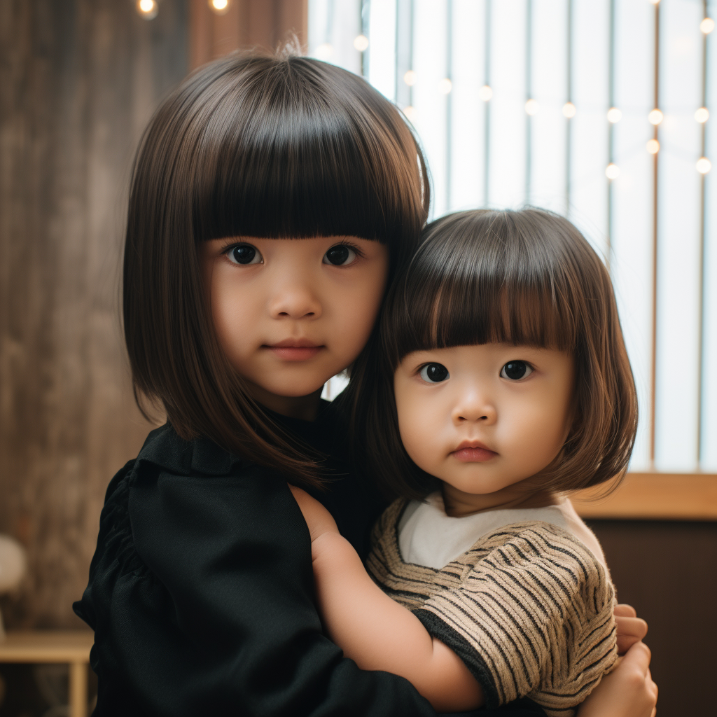 Asian girl with bangs haircut holding her baby brother