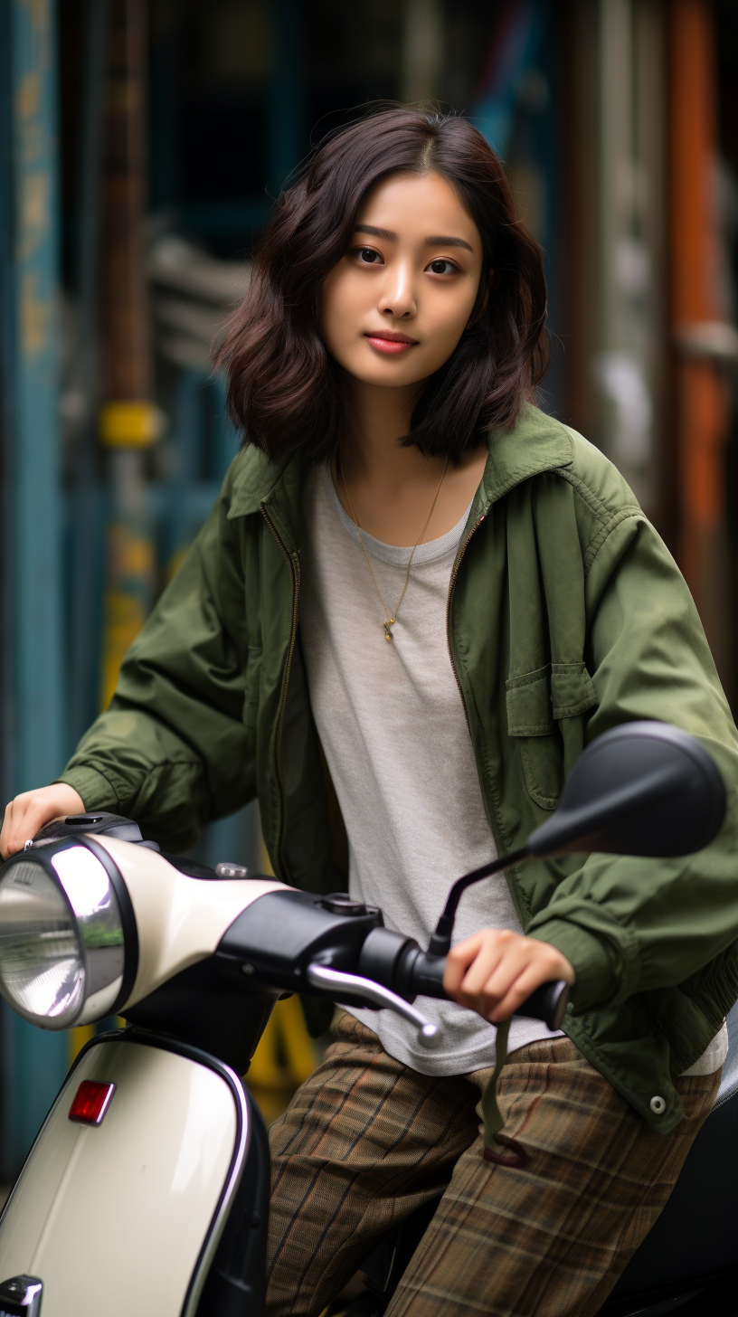 Asian girl on scooter wearing green jacket