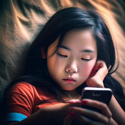 Young Asian girl engrossed in mobile phone .