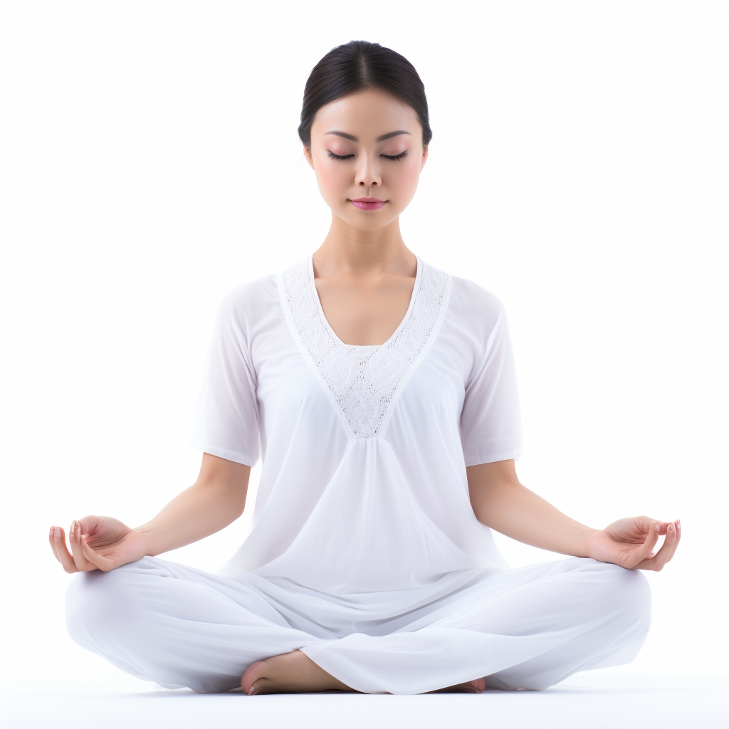 Asian girl meditating on white background