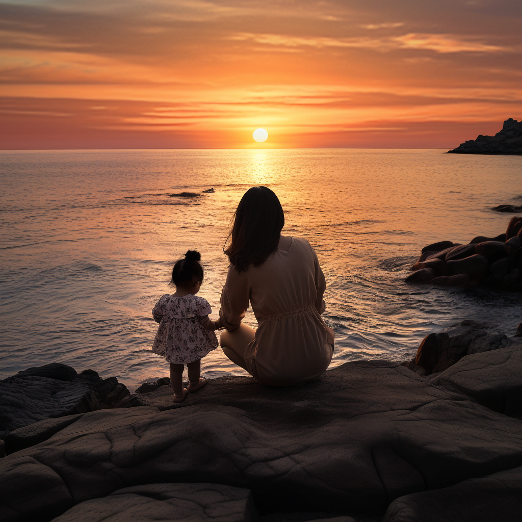 Asian girl and mother admiring sunset by the sea