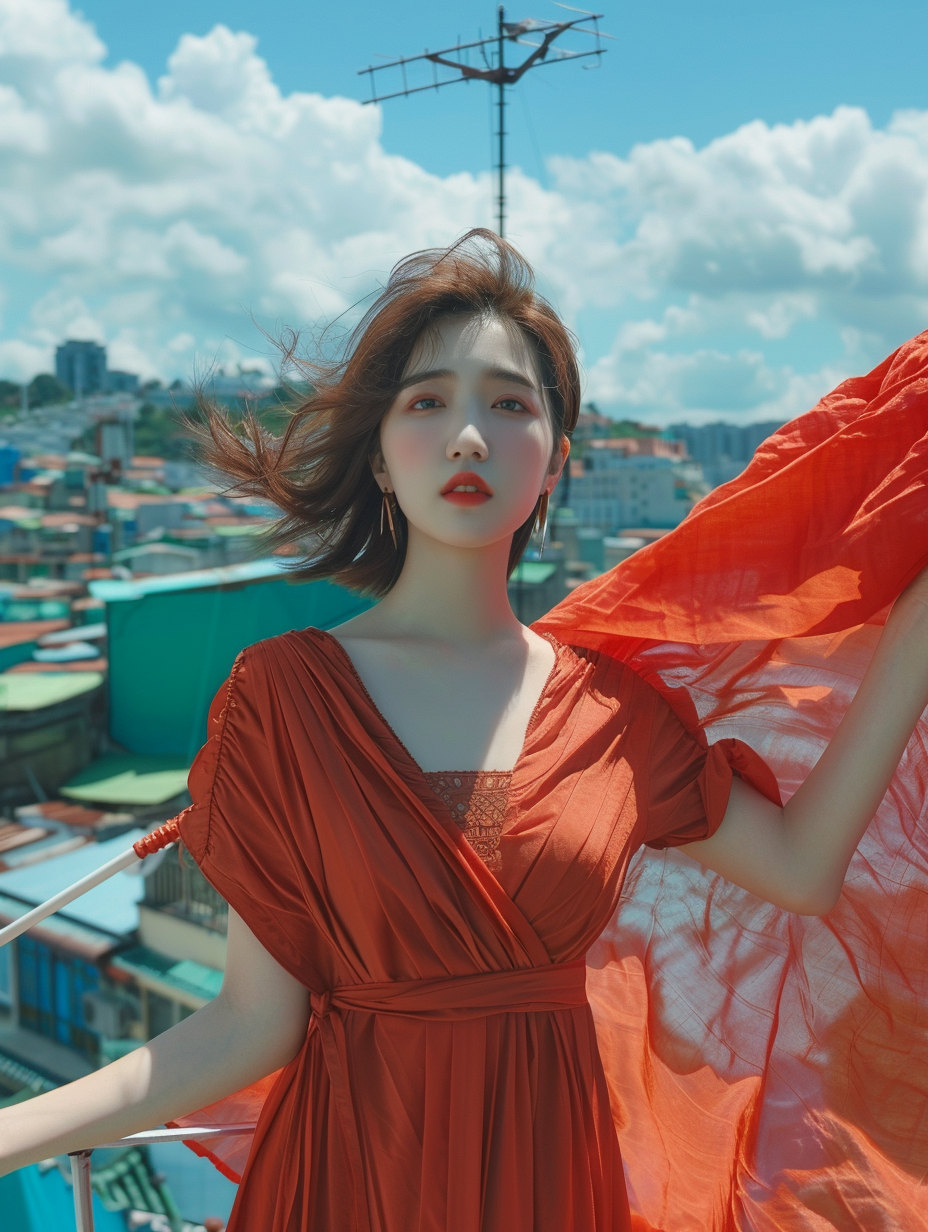 Asian girl on rooftop with flag