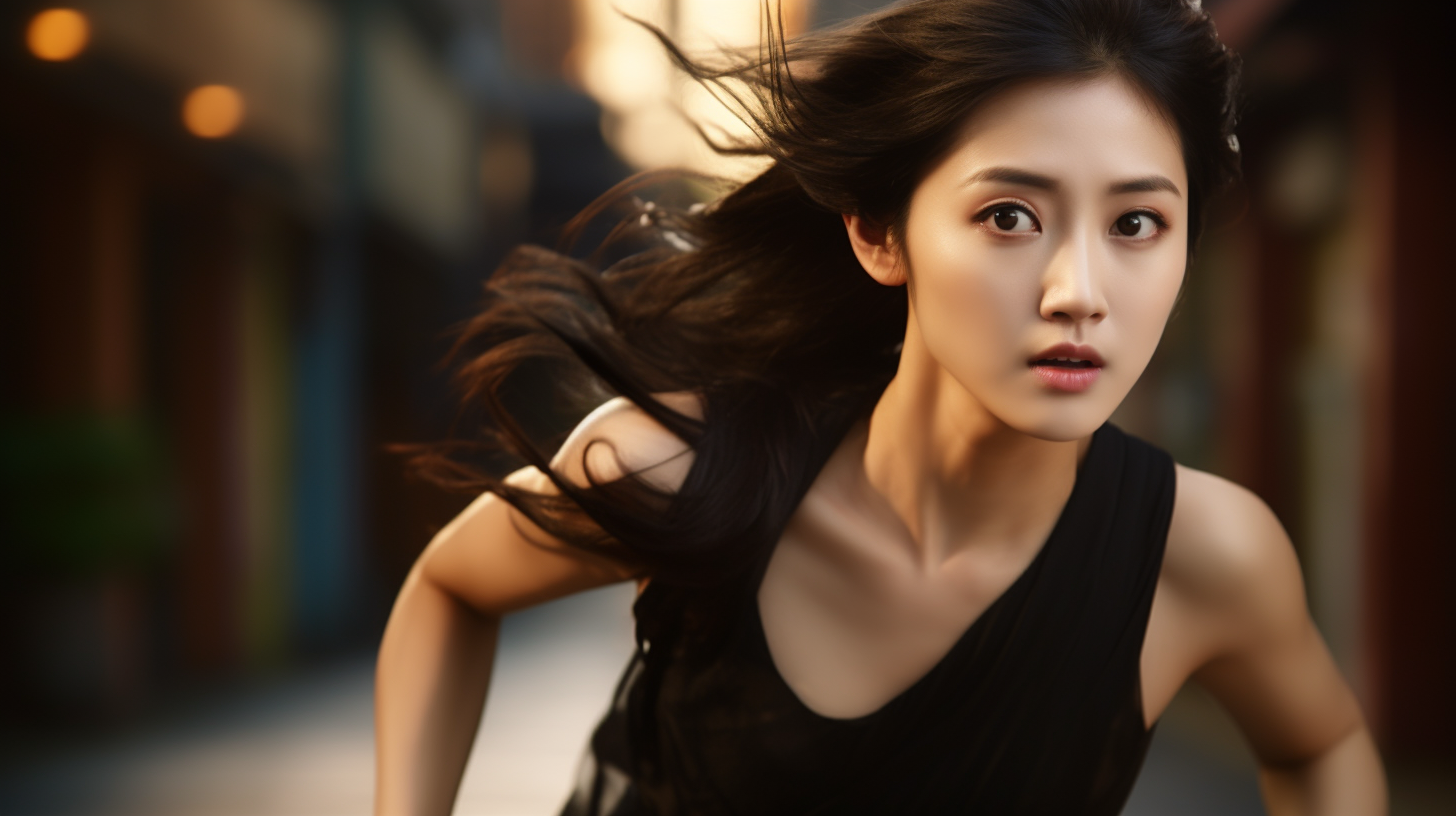 Asian girl in black dress running