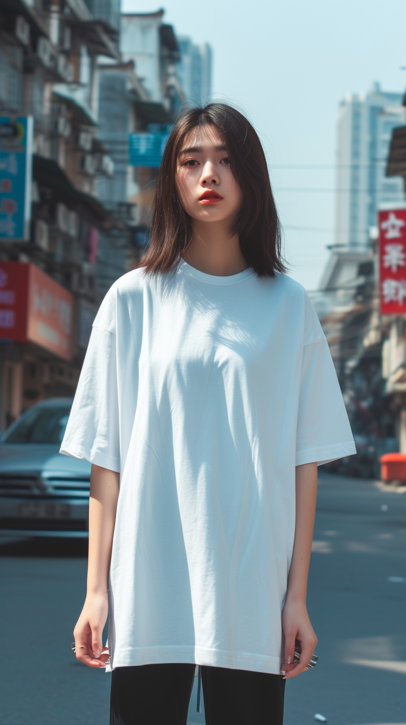 Asian girl in white oversize T-shirt on street