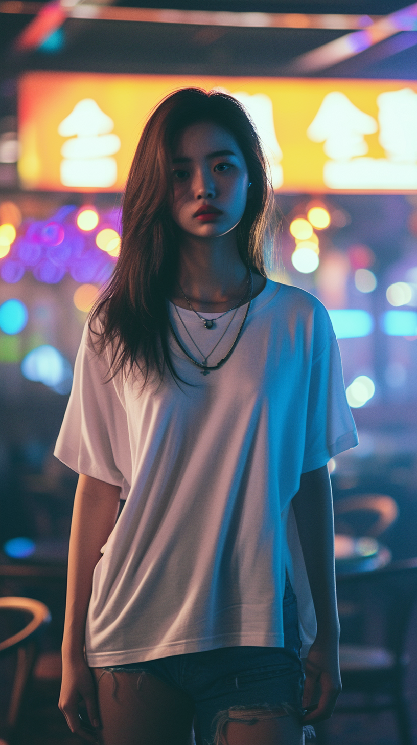 Asian girl white T-shirt nightclub full body