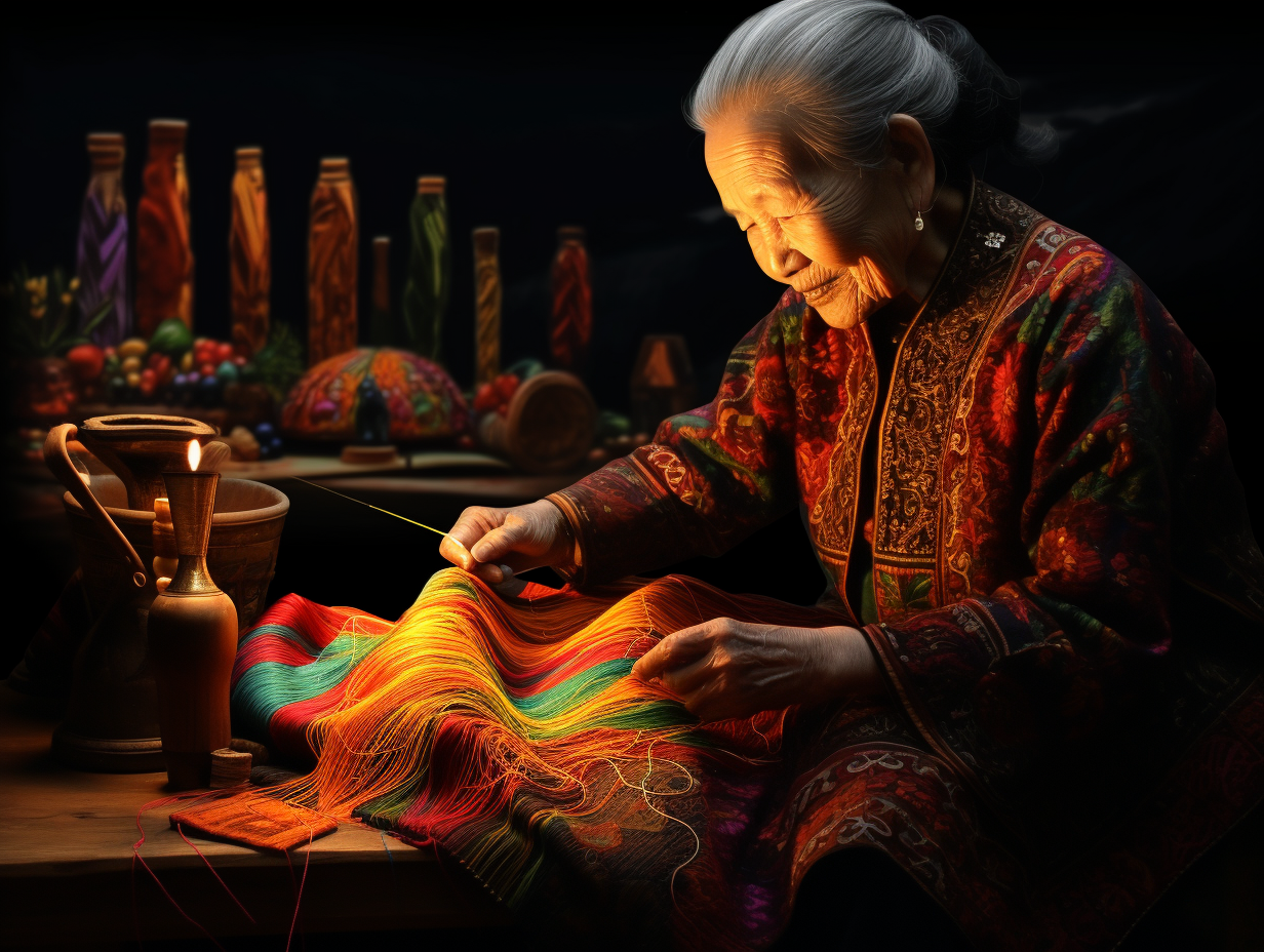 Smiling Asian Grandma Embroidering at Night