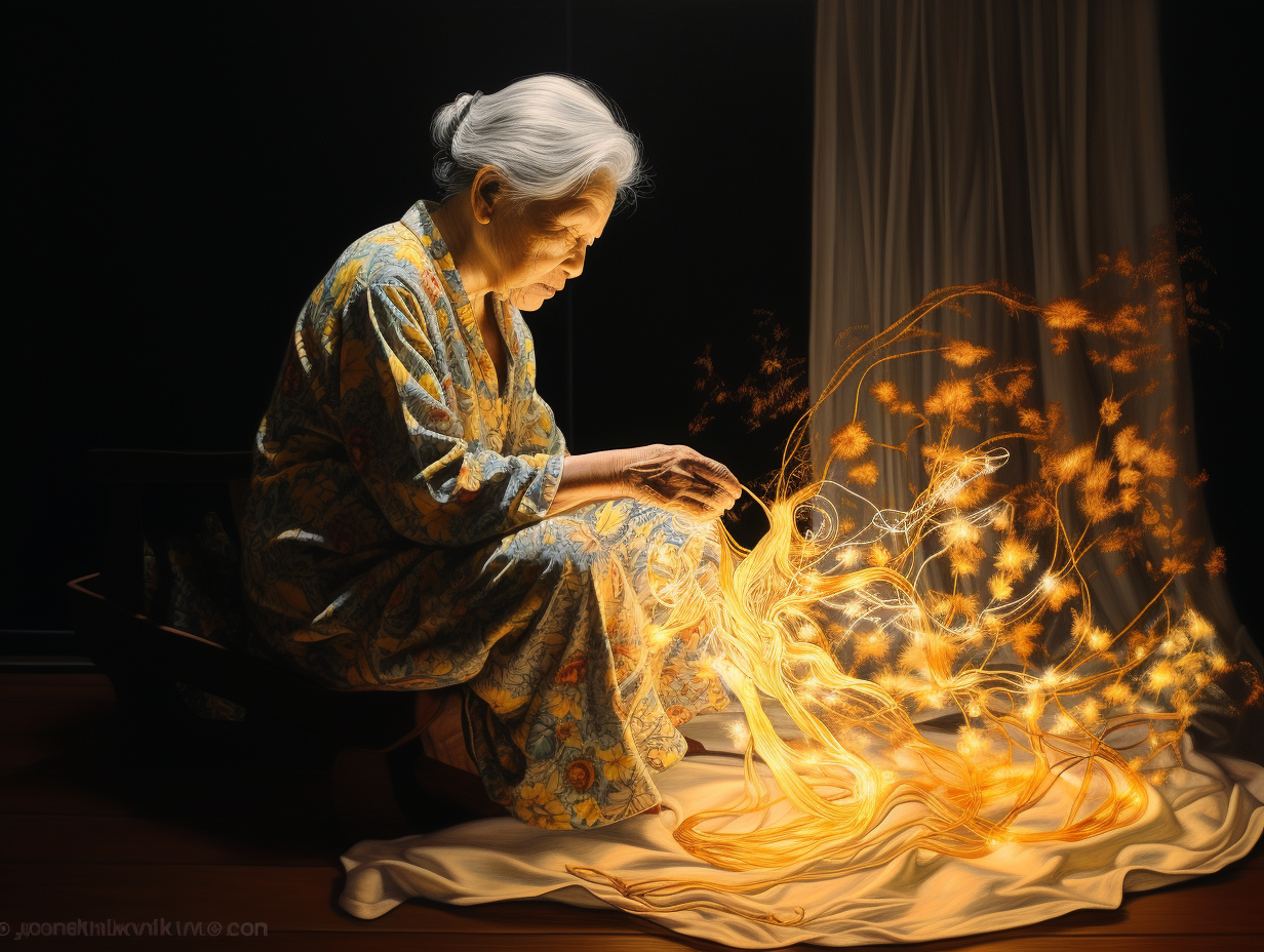 Asian grandma embroidering at night