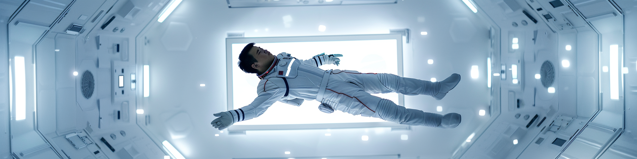 Asian guy in futuristic space suit floating