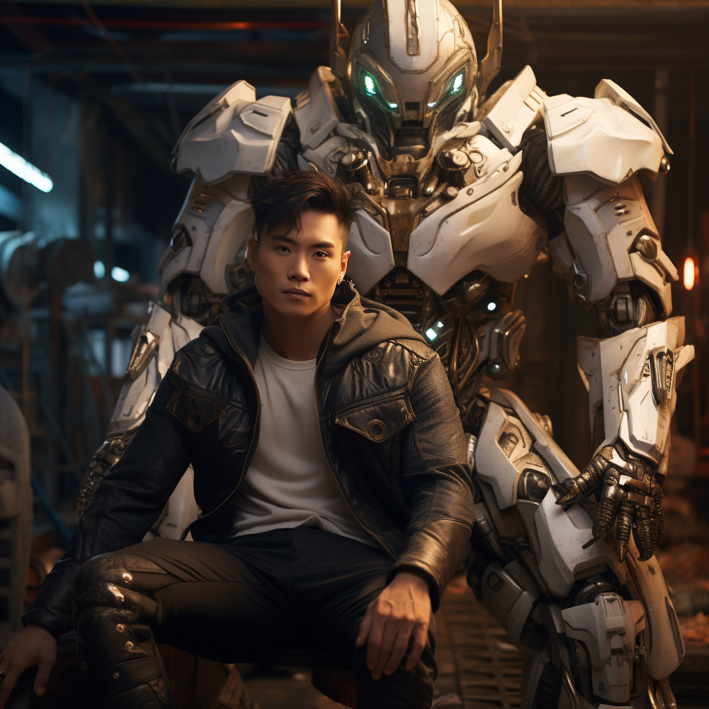 Asian guy futuristic armor sitting big robot