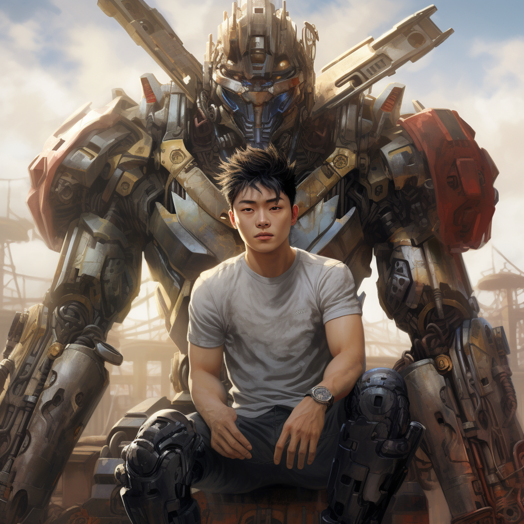 Asian Guy Sitting on Giant Robot