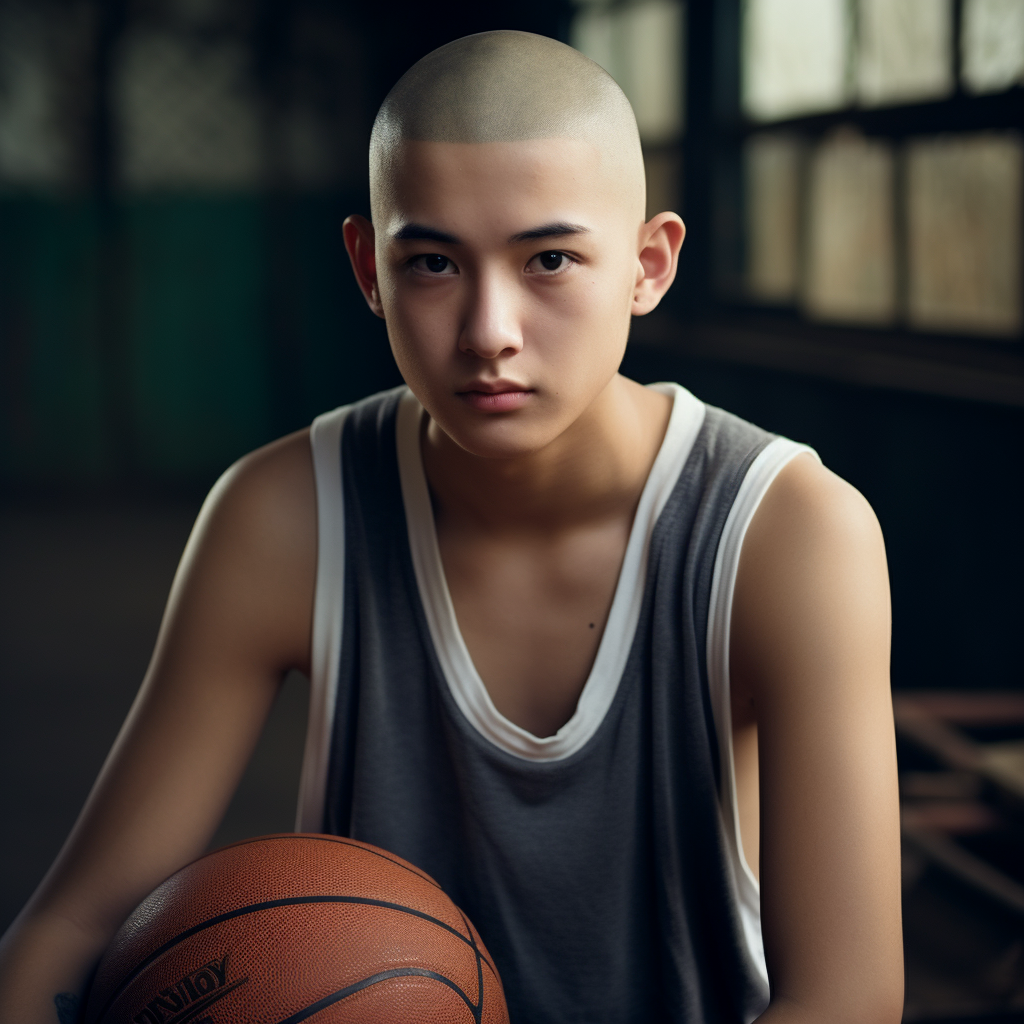 Handsome boy with shaved head wearing basketball vest