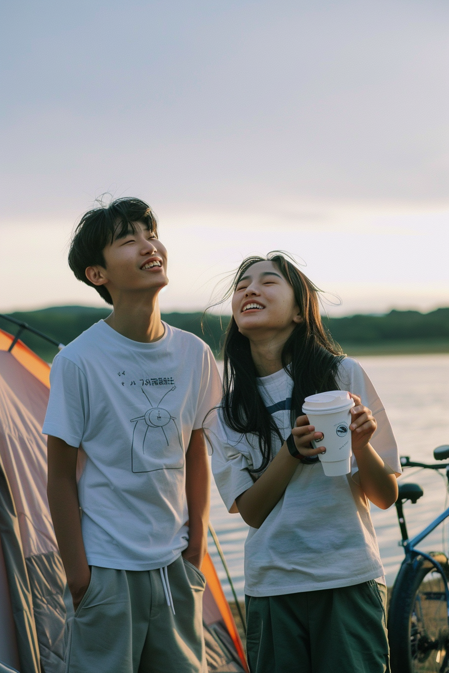 Asian couple camping by lakeside