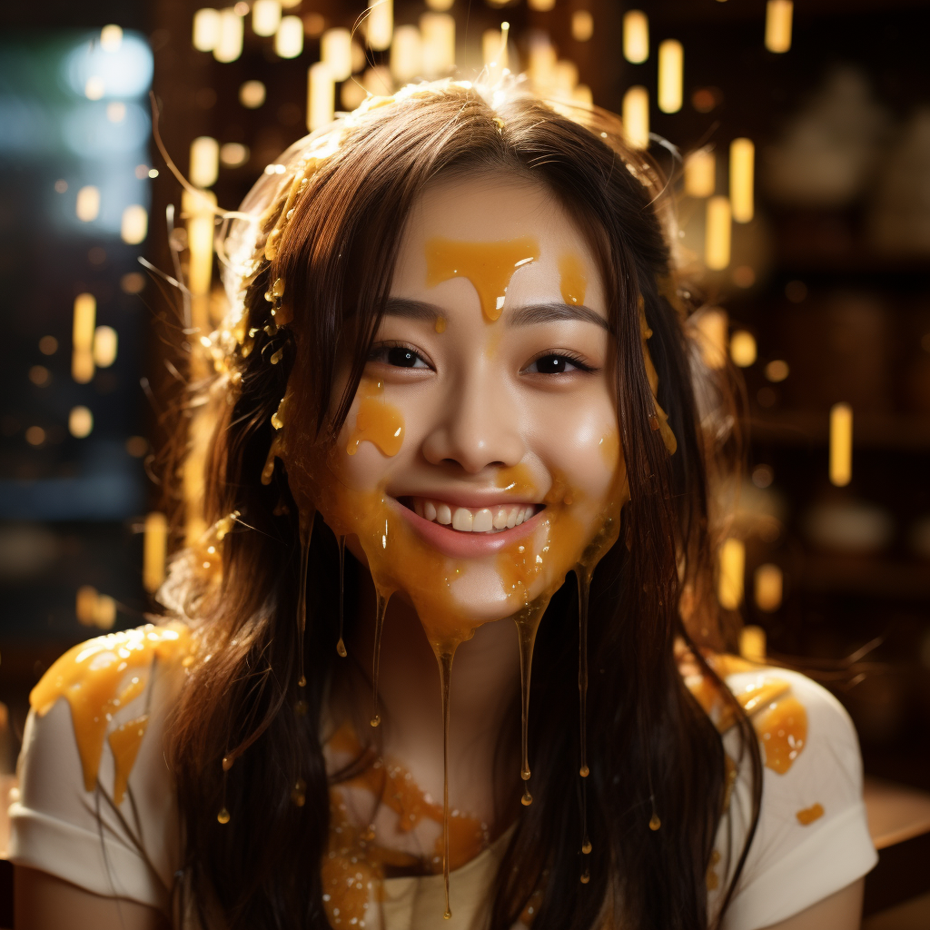 Happy Asian Girl with Honey Face Mask