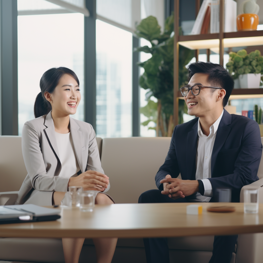 Asian lady interviewing young male in office