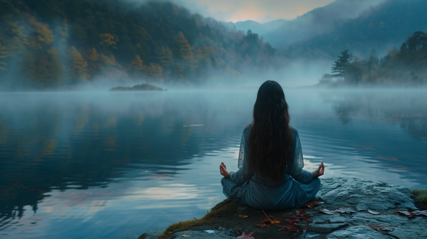 Asian lady meditating by misty lake