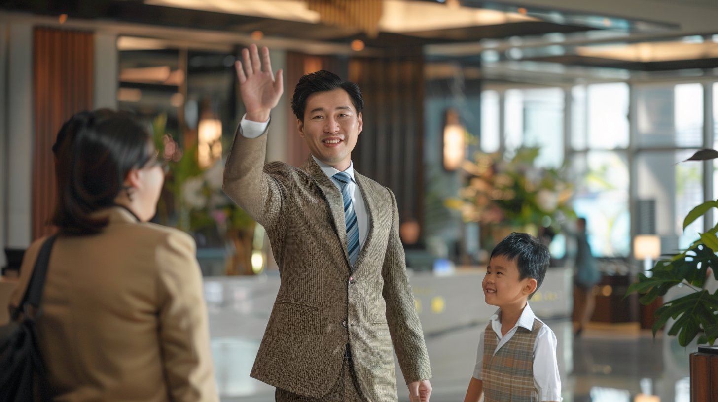 Asian male hotel staff waving goodbye