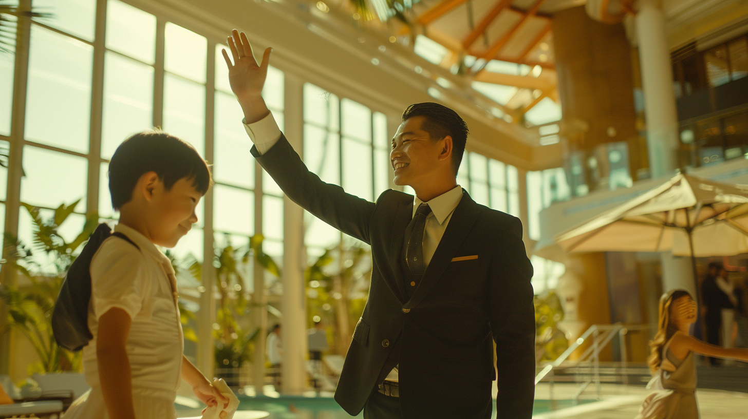 Asian male hotel staff waving goodbye