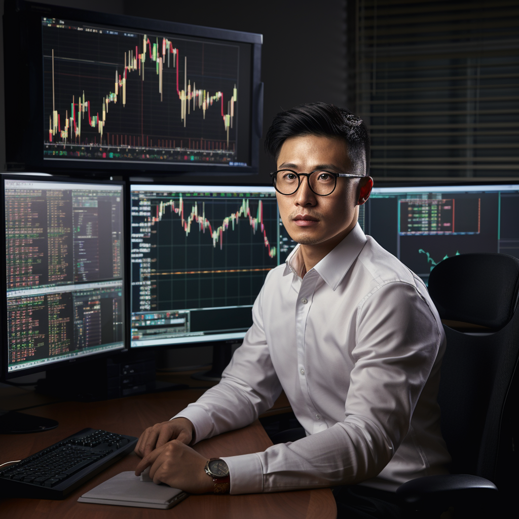 Asian man trader with computer code