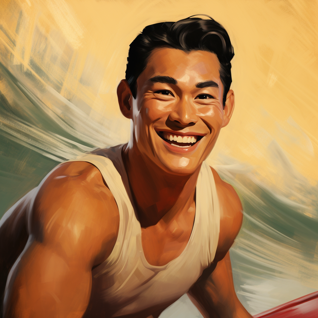 Smiling Asian Male Surfer Gil Elvgren