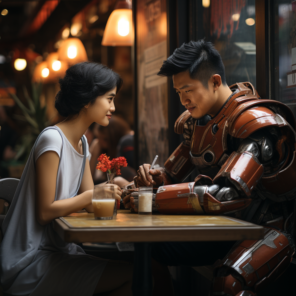 Asian man on a date with a robot woman