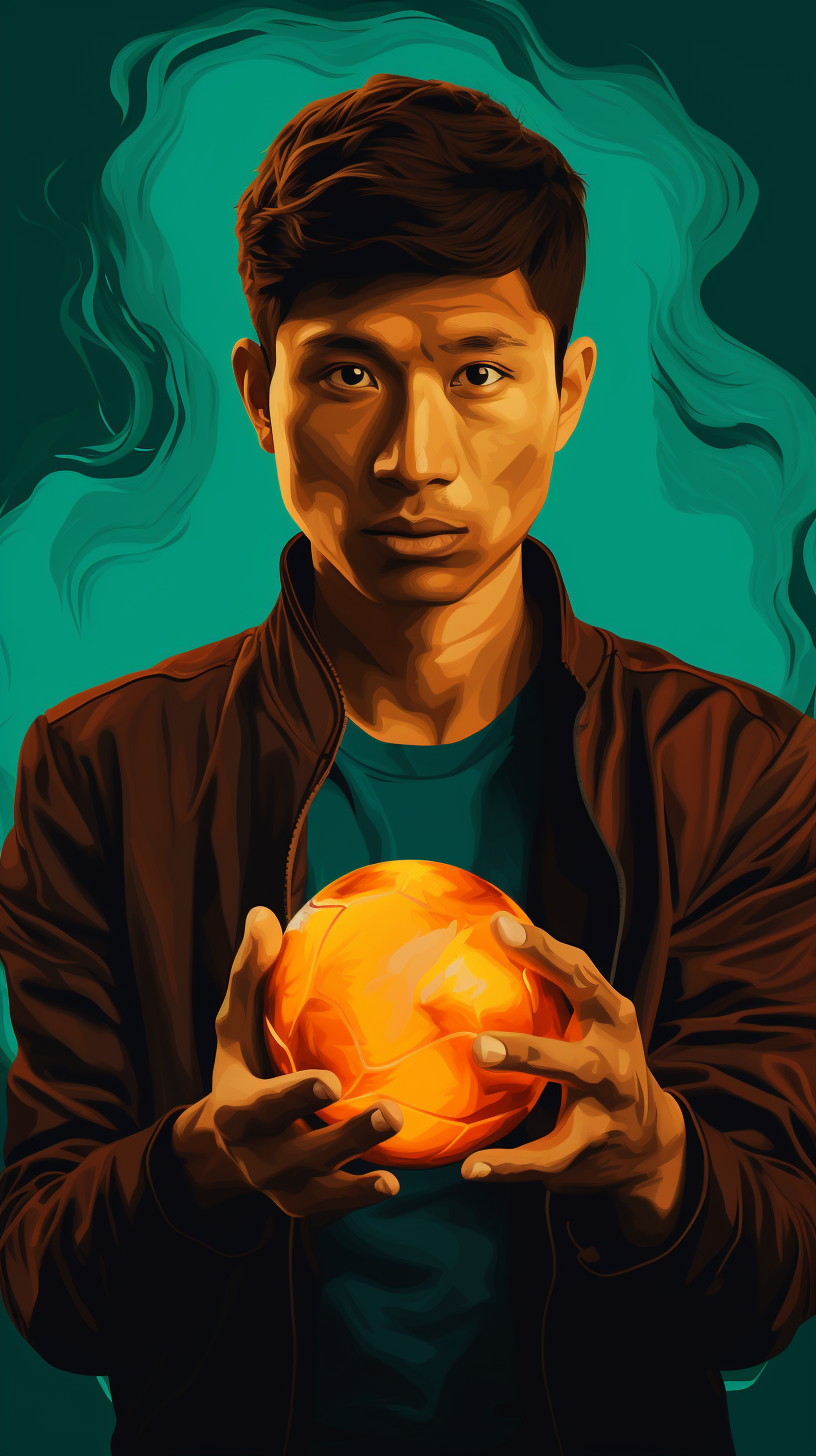 Asian man holding a ball of fire