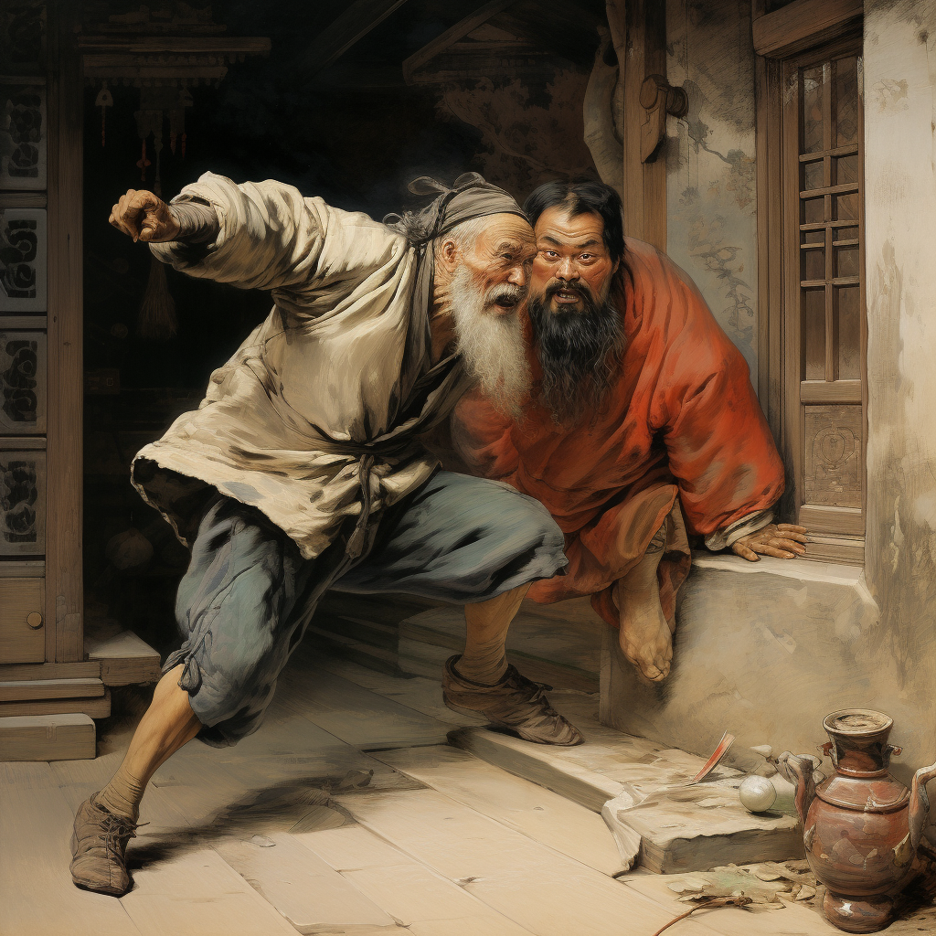 Asian man kicking someone out